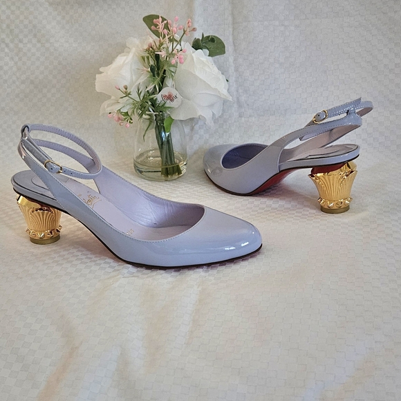 Women's Christian Louboutin Light Grey Patent Leather Luxury Heels Size 6 US - Picture 7 of 16